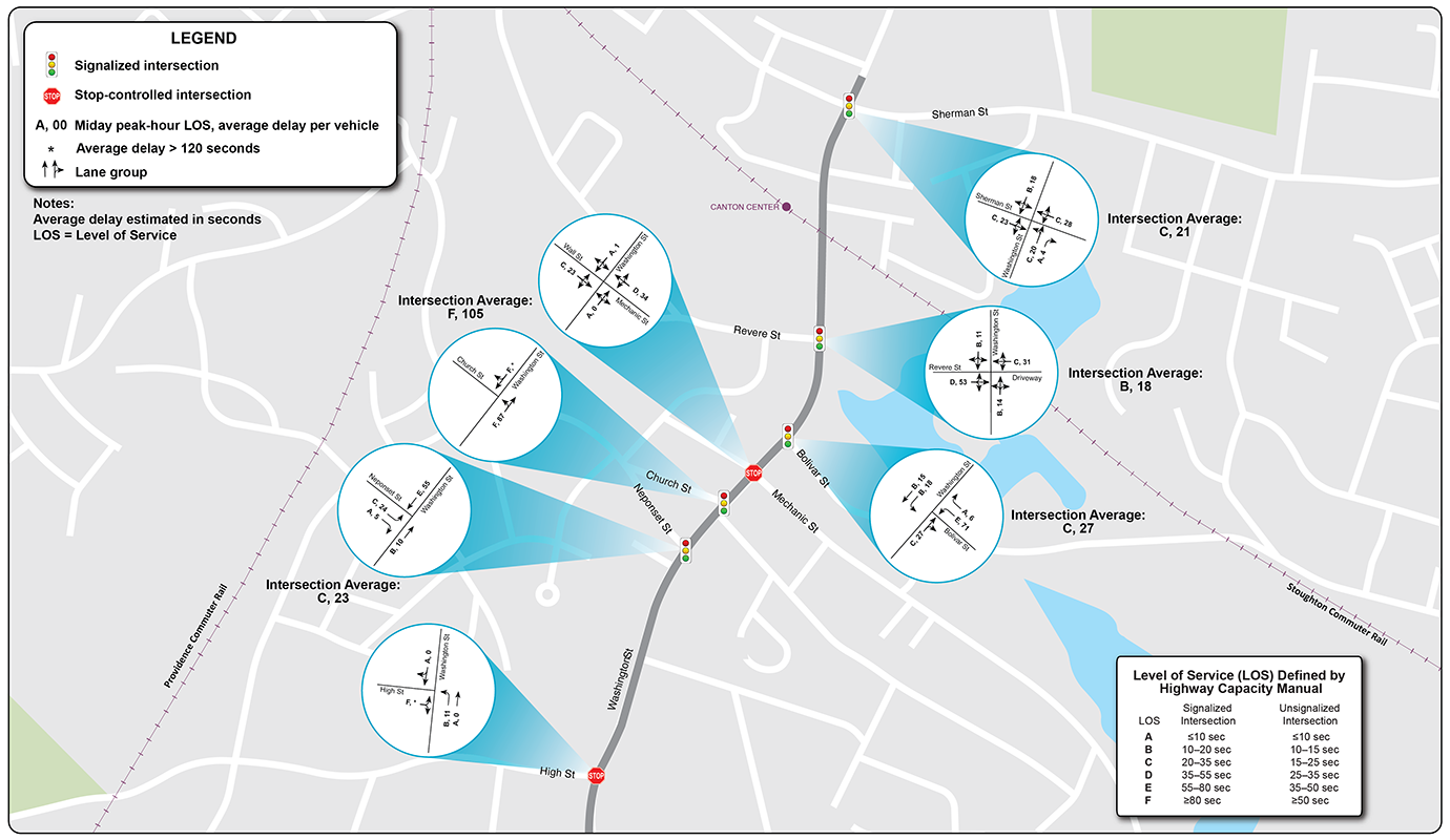 Figure 12: Saturday Peak-Hour ICA, Part 1
A map of the northern half of the Washington Street corridor (between Sherman Street and High Street) is shown on this figure. Seven intersections are highlighted, and the existing Saturday levels of service for each of those intersections are displayed on the map.
Figure 12: Saturday Peak-Hour ICA, Part 1
A map of the northern half of the Washington Street corridor (between Sherman Street and High Street) is shown on this figure. Seven intersections are highlighted, and the existing Saturday levels of service for each of those intersections are displayed on the map.